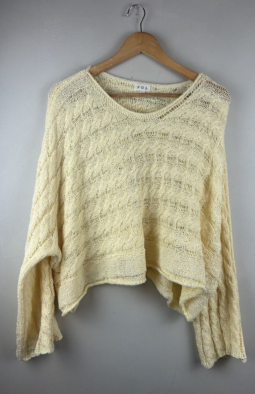 POL Oversized Sweater Medium Butter Yellow Cropped Boho Slouchy Bell Sleeve